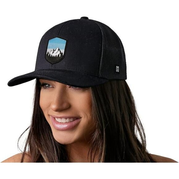 Black Trucker Hat Mountain Patch Mesh Snapback Camping Hiking Golf Cap Unisex - Picture 4 of 7